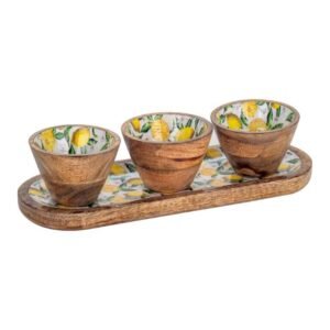 Plateau apéritif oval et 3 bols - Bois de Manguier - Motif Citron
