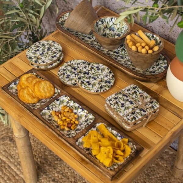 Plateau apéritif oval et 3 bols - Bois de Manguier - Motif Olives – Image 7