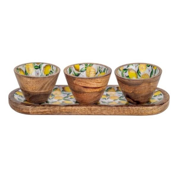Plateau apéritif oval et 3 bols - Bois de Manguier - Motif Citron – Image 2