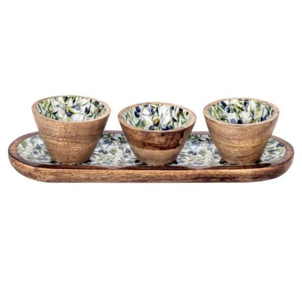 Plateau apéritif oval et 3 bols - Bois de Manguier - Motif Olives – Image 2