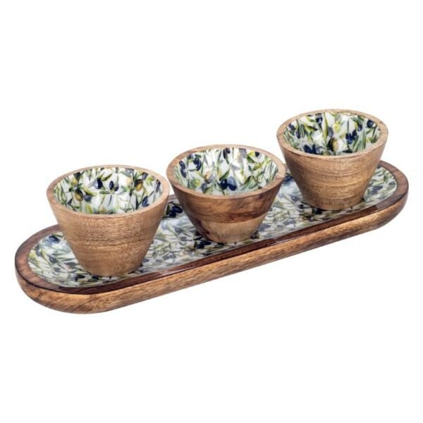 Plateau apéritif oval et 3 bols - Bois de Manguier - Motif Olives
